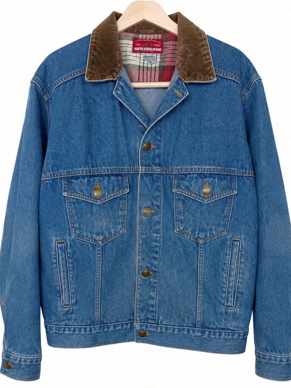 Men's Blue Denim Jacket with Brown Corduroy Collar